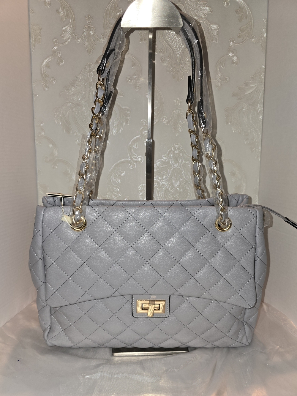 Quilted Chain-Handle Shoulder Bag - Light Blue Gray